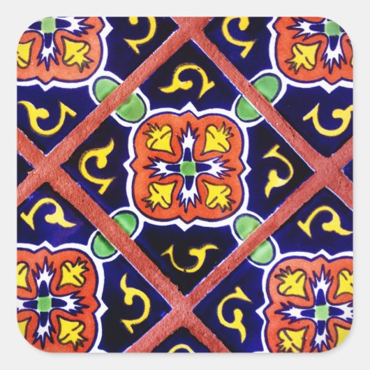 Kobalt Blue Burnt Oranje SouthWestern Tile Design Vierkante Sticker (Voorkant)