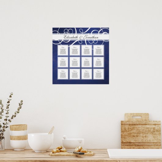Kobalt Blue Damask Dinner Party-zitplaatskaart Poster (Keuken)