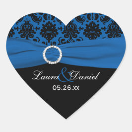 Kobalt Blue en Black Damask 1,5-inch Heart Sticker