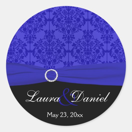 Kobalt Blue en Black Damask 1,5-inch Round Sticker (Voorkant)