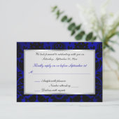 Kobalt Blue en Black Damask Reply Card RSVP Kaartje (Staand voorkant)