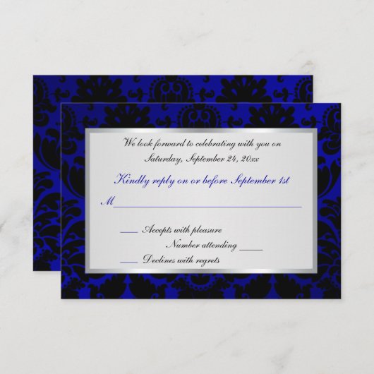 Kobalt Blue en Black Damask Reply Card RSVP Kaartje (Voorkant / Achterkant)