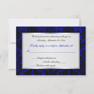 Kobalt Blue en Black Damask Reply Card RSVP Kaartje