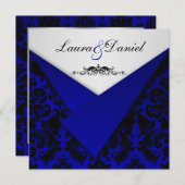 Kobalt Blue en Black Damask Wedding Invitation Kaart (Voorkant / Achterkant)