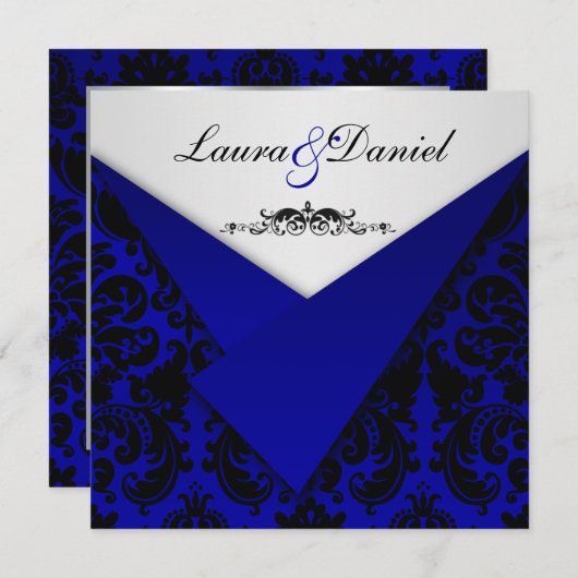 Kobalt Blue en Black Damask Wedding Invitation Kaart (Voorkant / Achterkant)