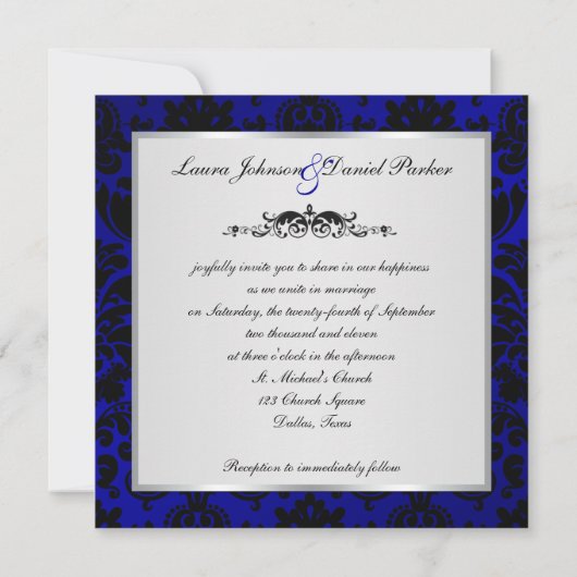 Kobalt Blue en Black Damask Wedding Invitation Kaart (Achterkant)