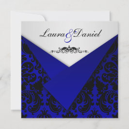 Kobalt Blue en Black Damask Wedding Invitation Kaart