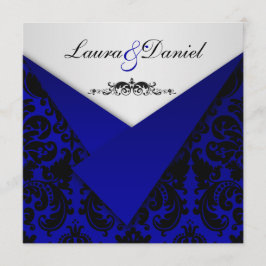 Kobalt Blue en Black Damask Wedding Invitation Kaart