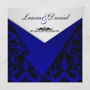 Kobalt Blue en Black Damask Wedding Invitation Kaart