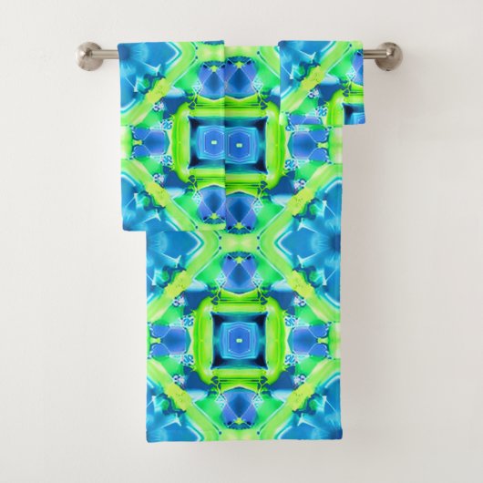 Kobalt Blue en Lime Green Tie Dye Pattern Bad Handdoek (Insitu)