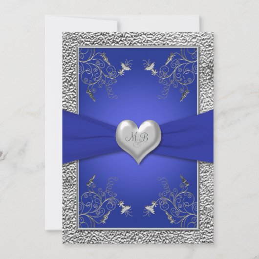 Kobalt Blue en Pewter Heart Monogram Uitnodiging t (Voorkant)