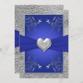 Kobalt Blue en Pewter Heart Monogram Uitnodiging t (Voorkant / Achterkant)
