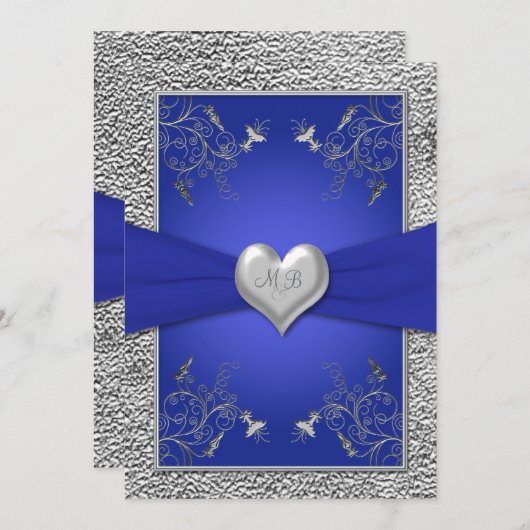 Kobalt Blue en Pewter Heart Monogram Uitnodiging t (Voorkant / Achterkant)