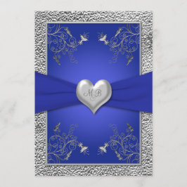 Kobalt Blue en Pewter Heart Monogram Uitnodiging t