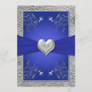 Kobalt Blue en Pewter Heart Monogram Uitnodiging t