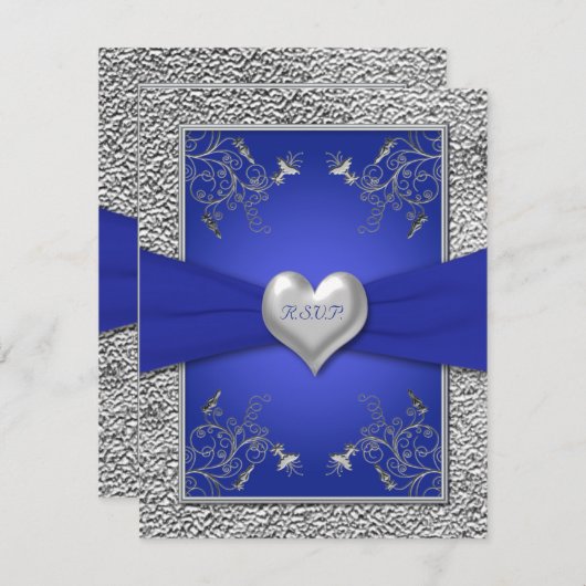 Kobalt Blue en Pewter Heart RSVP-kaart RSVP Kaartje (Voorkant / Achterkant)