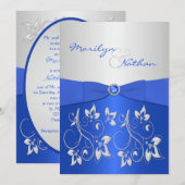Kobalt Blue en Silver Floral Wedding Invitation Kaart (Voorkant / Achterkant)