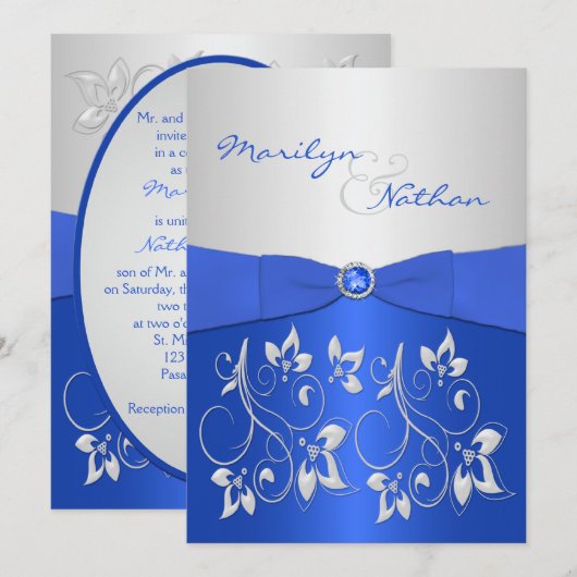 Kobalt Blue en Silver Floral Wedding Invitation Kaart (Voorkant / Achterkant)