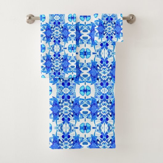 Kobalt Blue en White Batik Tegel Pattern Bad Handdoek (Insitu)