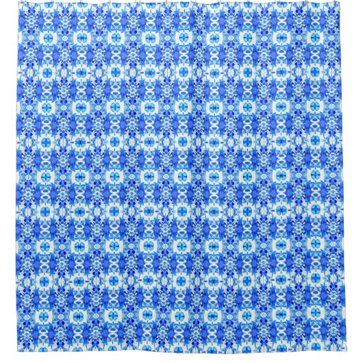Kobalt Blue en White Batik Tegel Pattern Douchegordijn (Voorkant)
