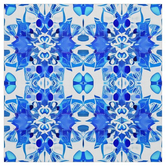 Kobalt Blue en White Batik Tegel Pattern Stof (Swatch)