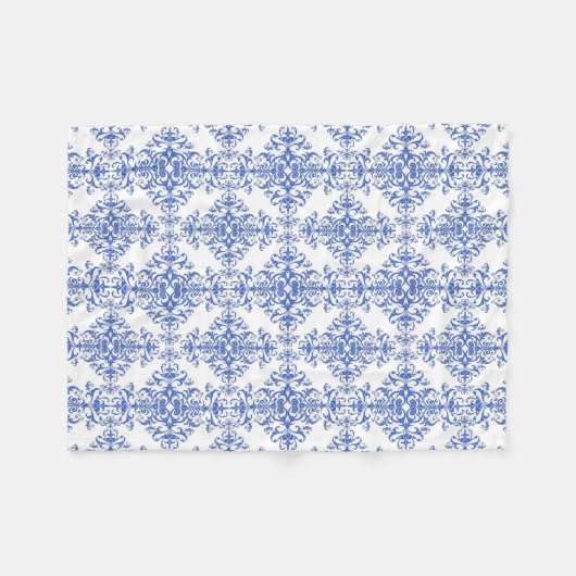 Kobalt Blue en White Floral Damask Style Pattern Fleece Deken (Voorkant (Horizontaal))