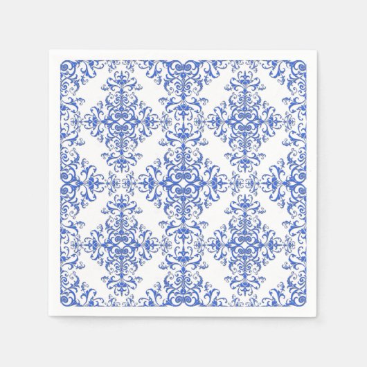 Kobalt Blue en White Floral Damask Style Pattern Servet (Voorkant)