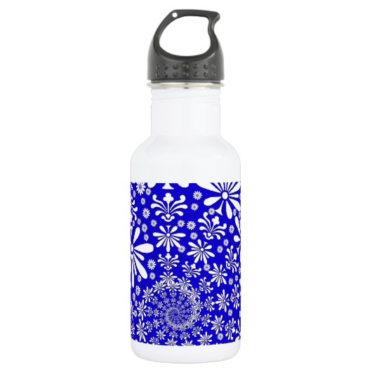 Kobalt Blue en White Floral Pattern Waterfles (Voorkant)