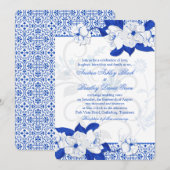 Kobalt Blue en White Floral Wedding Invitation Kaart (Voorkant / Achterkant)