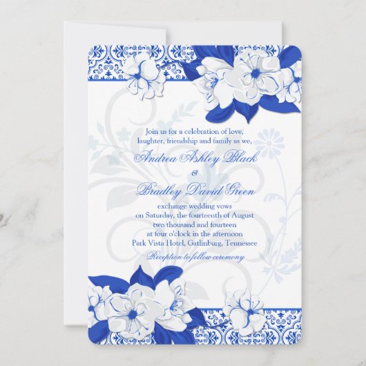 Kobalt Blue en White Floral Wedding Invitation Kaart (Voorkant)