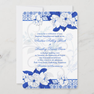 Kobalt Blue en White Floral Wedding Invitation Kaart
