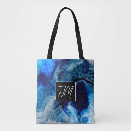 Kobalt Blue en White Marble Fluid Art Monogramed Tote Bag (Voorkant)