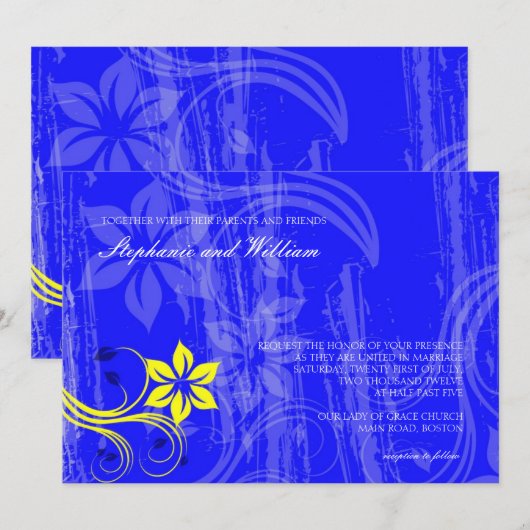 Kobalt Blue en Yellow Swirl Wedding Invitation Kaart (Voorkant / Achterkant)