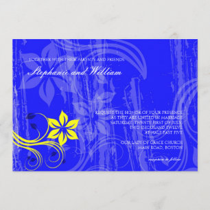 Kobalt Blue en Yellow Swirl Wedding Invitation Kaart