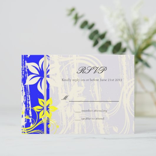 Kobalt Blue en Yellow Swirl Wedding RSVP (Staand voorkant)