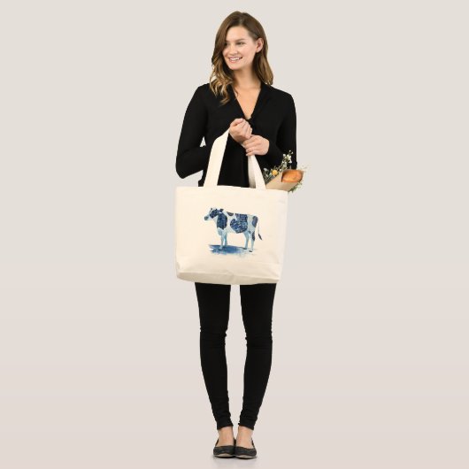 Kobalt Blue Farm Animals - Koe Grote Tote Bag (Voorkant (model))
