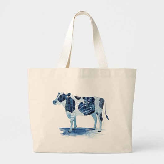 Kobalt Blue Farm Animals - Koe Grote Tote Bag (Voorkant)