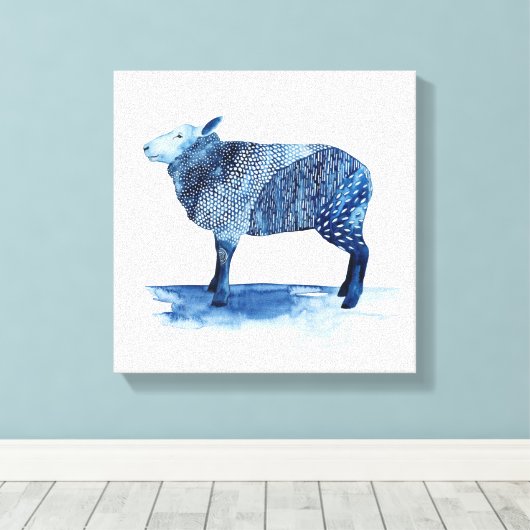 Kobalt Blue Farm Animals - Schapen Canvas Afdruk (Insitu (Houten vloer))
