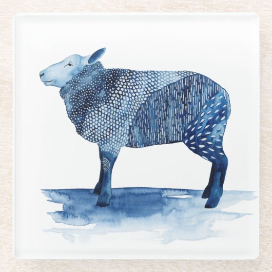 Kobalt Blue Farm Animals - Schapen Glazen Onderzetter (Voorkant)