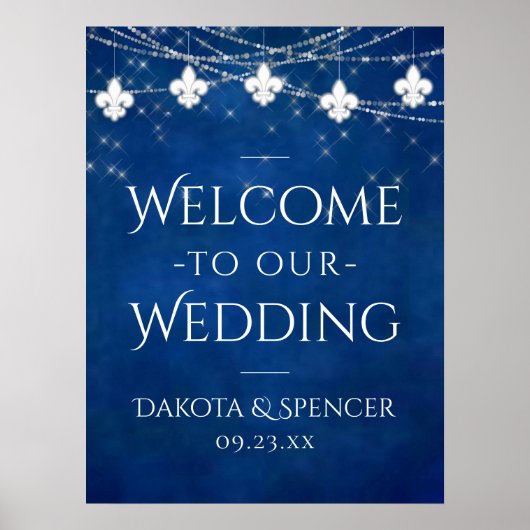Kobalt Blue Fleur de Lis Light | Welkom bruiloft Poster (Voorkant)
