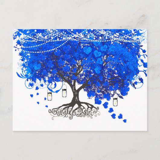 Kobalt Blue Heart Leaf Tree Weddenschap RSVP Uitnodiging Briefkaart (Voorkant)