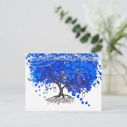 Kobalt Blue Heart Leaf Tree Weddenschap RSVP Uitnodiging Briefkaart (Staand voorkant)