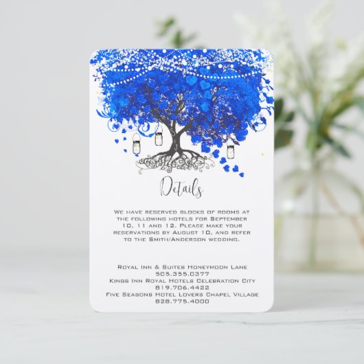 Kobalt Blue Heart Leaf Tree Wedding Informatiekaartje (Staand voorkant)