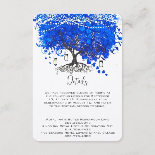 Kobalt Blue Heart Leaf Tree Wedding Informatiekaartje (Voorkant)