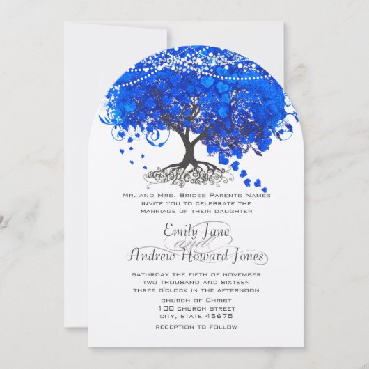 Kobalt Blue Heart Leaf Tree Wedding Kaart (Voorkant)