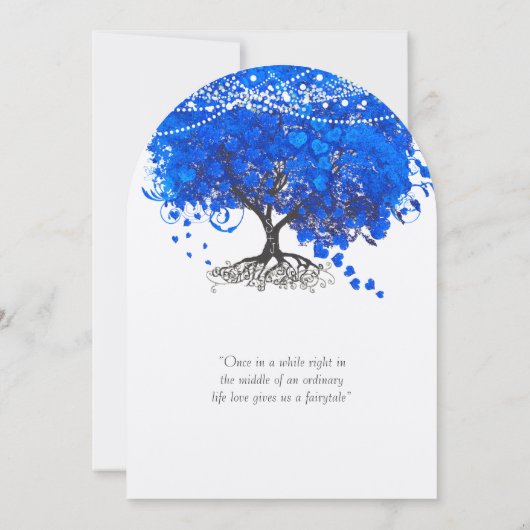 Kobalt Blue Heart Leaf Tree Wedding Kaart (Achterkant)