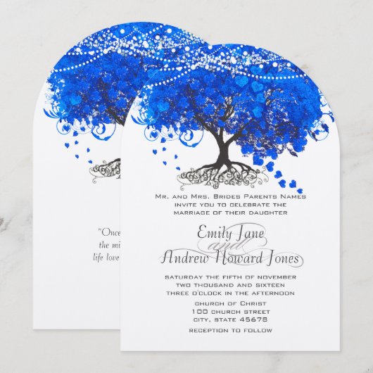 Kobalt Blue Heart Leaf Tree Wedding Kaart (Voorkant / Achterkant)