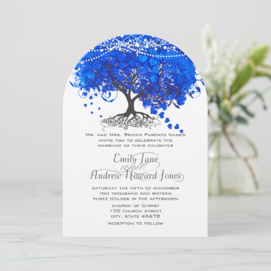 Kobalt Blue Heart Leaf Tree Wedding Kaart (Staand voorkant)