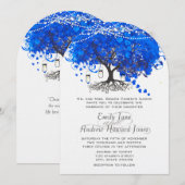 Kobalt Blue Heart Leaf Tree Wedding Kaart (Voorkant / Achterkant)