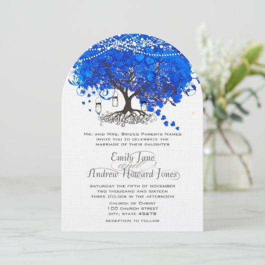 Kobalt Blue Heart Leaf Tree Wedding Kaart (Staand voorkant)